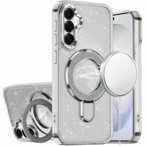 For Samsung Galaxy s26 FE Transparent Glitter Rotaional Magnetic Ring Stand HQ Hybrid - Clear