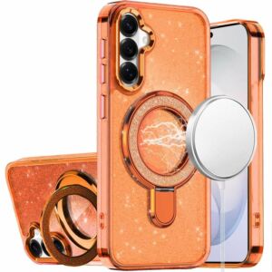 For Samsung Galaxy s26 FE Transparent Glitter Rotaional Magnetic Ring Stand HQ Hybrid - Cosmic Orange