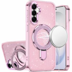 For Samsung Galaxy s26 FE Transparent Glitter Rotaional Magnetic Ring Stand HQ Hybrid - Light Pink