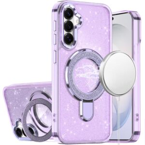 For Samsung Galaxy s26 FE Transparent Glitter Rotaional Magnetic Ring Stand HQ Hybrid - Light Purple