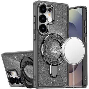 For Samsung s26 Ultra Transparent Glitter Rotaional Magnetic Ring Stand HQ Hybrid - Black