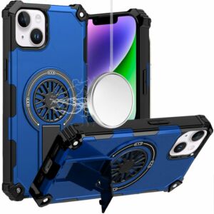 For iPhone 13/14 Magnetic Ring Circle Camera Cap KickStand Hybrid UV Paint Matte Finish Case - Black