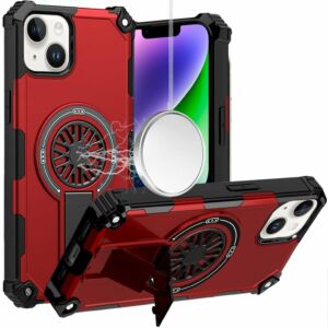 For iPhone 13/14 Magnetic Ring Circle Camera Cap KickStand Hybrid UV Paint Matte Finish Case - Blue
