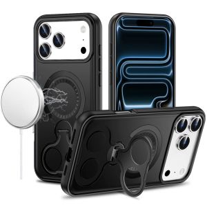 For iPhone 17 Pro Max Car Mount with 2-Ring Stand Hybrid Case - Black