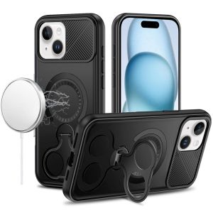 For iPhone 15 Car Mount with 2-Ring Stand Hybrid Case - Black