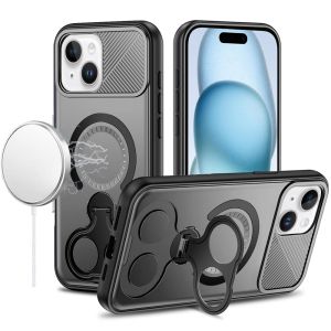 For iPhone 15 Car Mount with 2-Ring Stand Hybrid Case - Gray