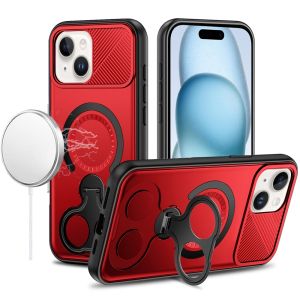 For iPhone 15 Car Mount with 2-Ring Stand Hybrid Case - Red