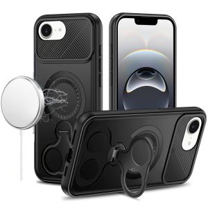 For iPhone 16E (E edition) / SE4 (2025) Car Mount with 2-Ring Stand Hybrid Case - Black