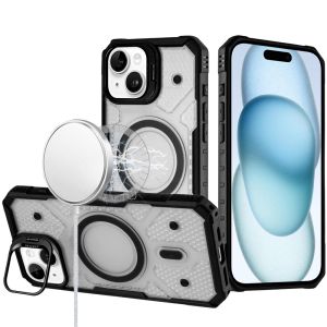 For iPhone 15 Tough Dotted Design HQ Hybrid with Metallic Camera Stand Magnetic Ring Case - Black