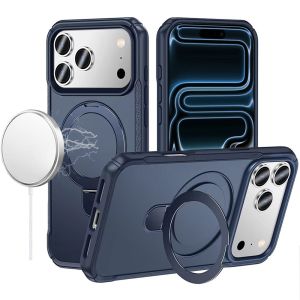 For iPhone 17 Pro Max Matte Finish Simplified Magnetic Ring With Stand Hybrid Case - Navy Blue