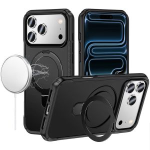 For iPhone 17 Pro Matte Finish Simplified Magnetic Ring With Stand Hybrid Case - Black