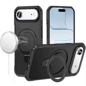 For iPhone 17 Air Matte Finish Simplified Magnetic Ring With Stand Hybrid Case - Black