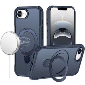 For iPhone 16E (E edition) / SE4 (2025) Matte Finish Simplified Magnetic Ring With Stand Hybrid Case - Navy Blue