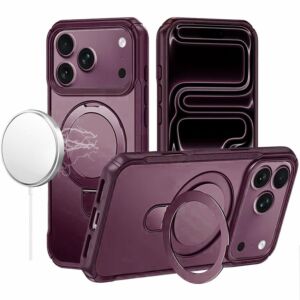 For Apple iPhone 18 Pro Matte Finish Simplified Magnetic Ring With Stand Hybrid Case - Dark Cherry