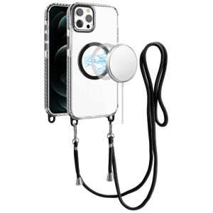 For iPhone 12 Pro Max 6.7 Transparent HQ Clear Line Design Edged Hybrid [Magnetic Circle] with Matching Lanyard - Black