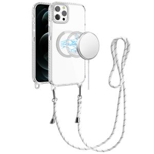For iPhone 12 Pro Max 6.7 Transparent HQ Clear Line Design Edged Hybrid [Magnetic Circle] with Matching Lanyard - White