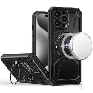 For iP15 Pro Max Loop Hybrid with [Magnetic Ring Circle] 360 degrees Rotational Kickstand Case Cover - Black