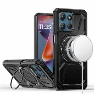 For Moto G 5G 2025/2026 - G Play 2026 - Metal Diamond CD Pattern Design Matte Finished Hybrid with Rotational Ring [Car Mount Friendly] Case - Aqua Floral & Leaves