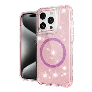 For iPhone 15 Pro Magnetic Ring Glitter 3in1 Hybrid Case Cover - Pink