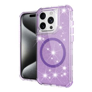 For iPhone 15 Pro Magnetic Ring Glitter 3in1 Hybrid Case Cover - Purple