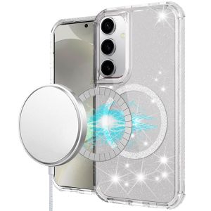 For Samsung S25 Plus Magnetic Ring Glitter 3in1 Hybrid Case Cover - Clear