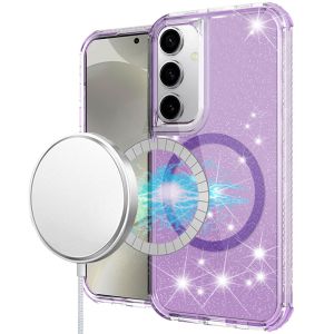 For Samsung S25 Plus Magnetic Ring Glitter 3in1 Hybrid Case Cover - Purple