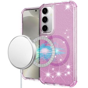 For Samsung S25 Magnetic Ring Glitter 3in1 Hybrid Case Cover - Pink