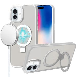 For iPhone 16 6.1 inch Metal Chrome Kickstand [Magnetic Circle] Shockproof Matching Camera Hybrid - Clear