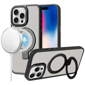 For iPhone 16 Pro 6.3 inch Metal Chrome Kickstand [Magnetic Circle] Shockproof Matching Camera Hybrid - Black