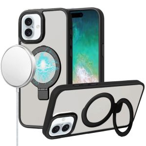 For iPhone 16 Plus 6.7 inch Metal Chrome Kickstand [Magnetic Circle] Shockproof Matching Camera Hybrid - Black