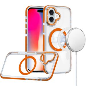 For iPhone 16 6.1 inch Matching Color Frame Strong Magnetic Ring Circle Transparent HQ Thick Hybrid - Orange