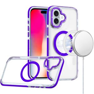 For iPhone 16 6.1 inch Matching Color Frame Strong Magnetic Ring Circle Transparent HQ Thick Hybrid - Purple