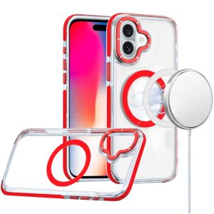 For iPhone 16 6.1 inch Matching Color Frame Strong Magnetic Ring Circle Transparent HQ Thick Hybrid - Red
