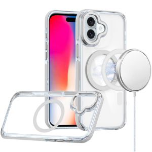 For iPhone 16 6.1 inch Matching Color Frame Strong Magnetic Ring Circle Transparent HQ Thick Hybrid - White