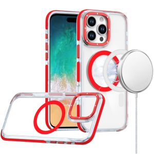 For iPhone 16 Pro Max 6.9 inch Matching Color Frame Strong Magnetic Ring Circle Transparent HQ Thick Hybrid - Red