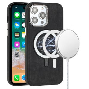 For Samsung S23 Fashion Chrome Edged Camera [Magnetic Circle] PU Leather Hybrid - Black