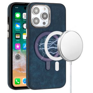 For iPhone 14 PRO MAX 6.7" Fashion Chrome Edged Camera [Magnetic Circle] PU Leather Hybrid - Dark Blue