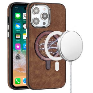 For iPhone 14 PRO MAX 6.7" Fashion Chrome Edged Camera [Magnetic Circle] PU Leather Hybrid - Brown