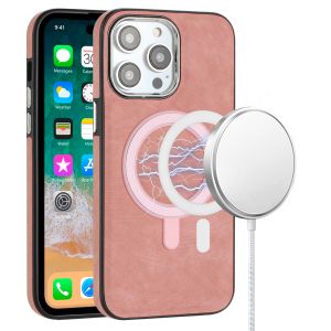 For Samsung S23 Ultra Fashion Chrome Edged Camera [Magnetic Circle] PU Leather Hybrid - Pink