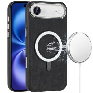 For iPhone 17 Air Fashion Chrome Edged Camera [Magnetic Circle] PU Leather Hybrid - Black