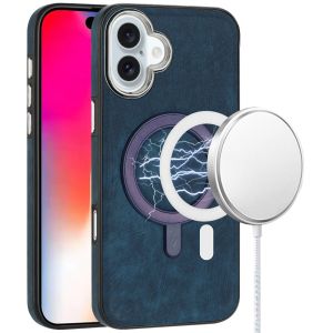 For iPhone 16 6.1 inch Fashion PU Vegan Chrome Edged Case Cover - Dark Blue