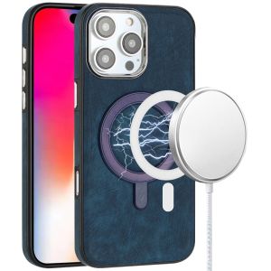 For iPhone 16 Pro 6.3 inch Fashion PU Vegan Chrome Edged Case Cover - Dark Blue