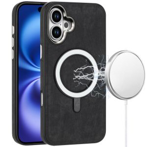 For iPhone 17 Fashion Chrome Edged Camera [Magnetic Circle] PU Leather Hybrid - Black