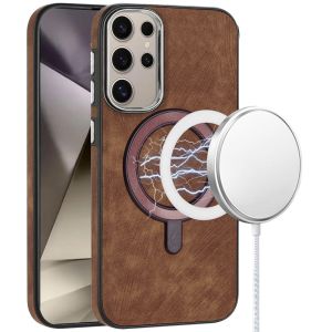 For Samsung s25 Ultra Fashion PU Vegan Chrome Edged Case Cover - Brown
