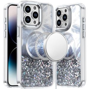 For iPhone 14 PRO MAX 6.7" Epoxy Glitter Shimmer [Magnetic Circle] Hybrid Case - Black