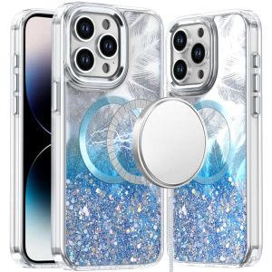 For iPhone 14 PRO MAX 6.7" Epoxy Glitter Shimmer [Magnetic Circle] Hybrid Case - Dark Blue