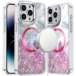 For iPhone 14 PRO MAX 6.7" Epoxy Glitter Shimmer [Magnetic Circle] Hybrid Case - Hot Pink