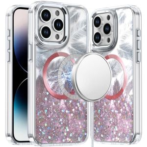 For iPhone 14 PRO MAX 6.7" Epoxy Glitter Shimmer [Magnetic Circle] Hybrid Case - Light Pink