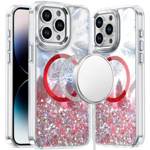 For iPhone 14 PRO MAX 6.7" Epoxy Glitter Shimmer [Magnetic Circle] Hybrid Case - Red