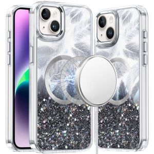 For iPhone 13 6.1 Epoxy Glitter Shimmer [Magnetic Circle] Hybrid Case - Black